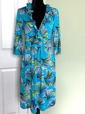 Lilly Pulitzer Blue Floral Leaf Blayney Ruffle Dress Silk Cotton Blend